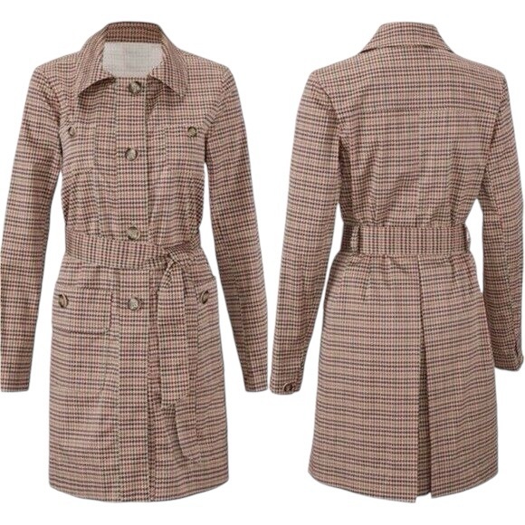Cabi Houndstooth Sherlock Coat Trenchcoat Brown Red Cream Beige Women size Small - Picture 3 of 12
